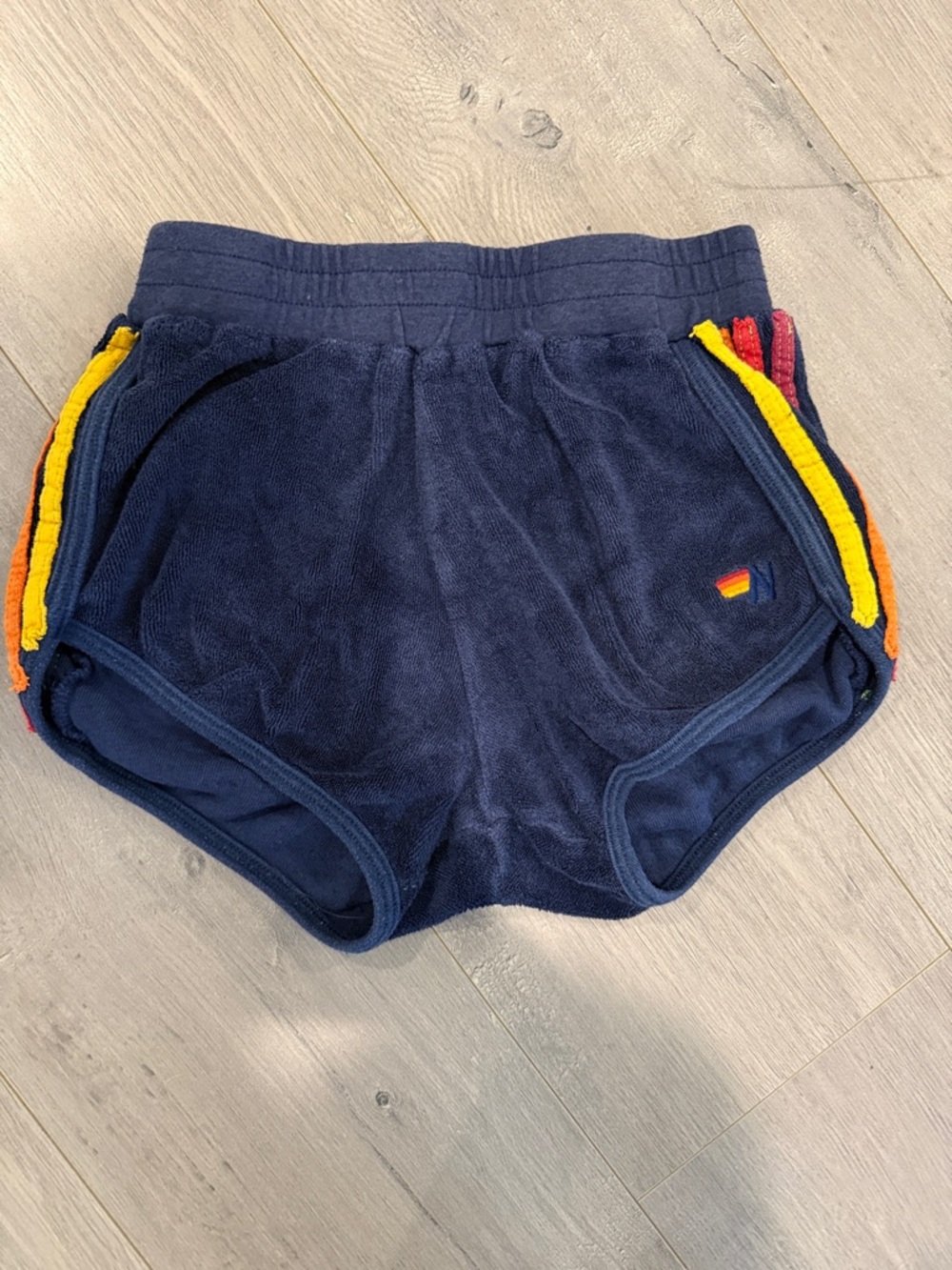 Aviator Nation Navy Terry Shorts with Yellow, Orange, Red Trim